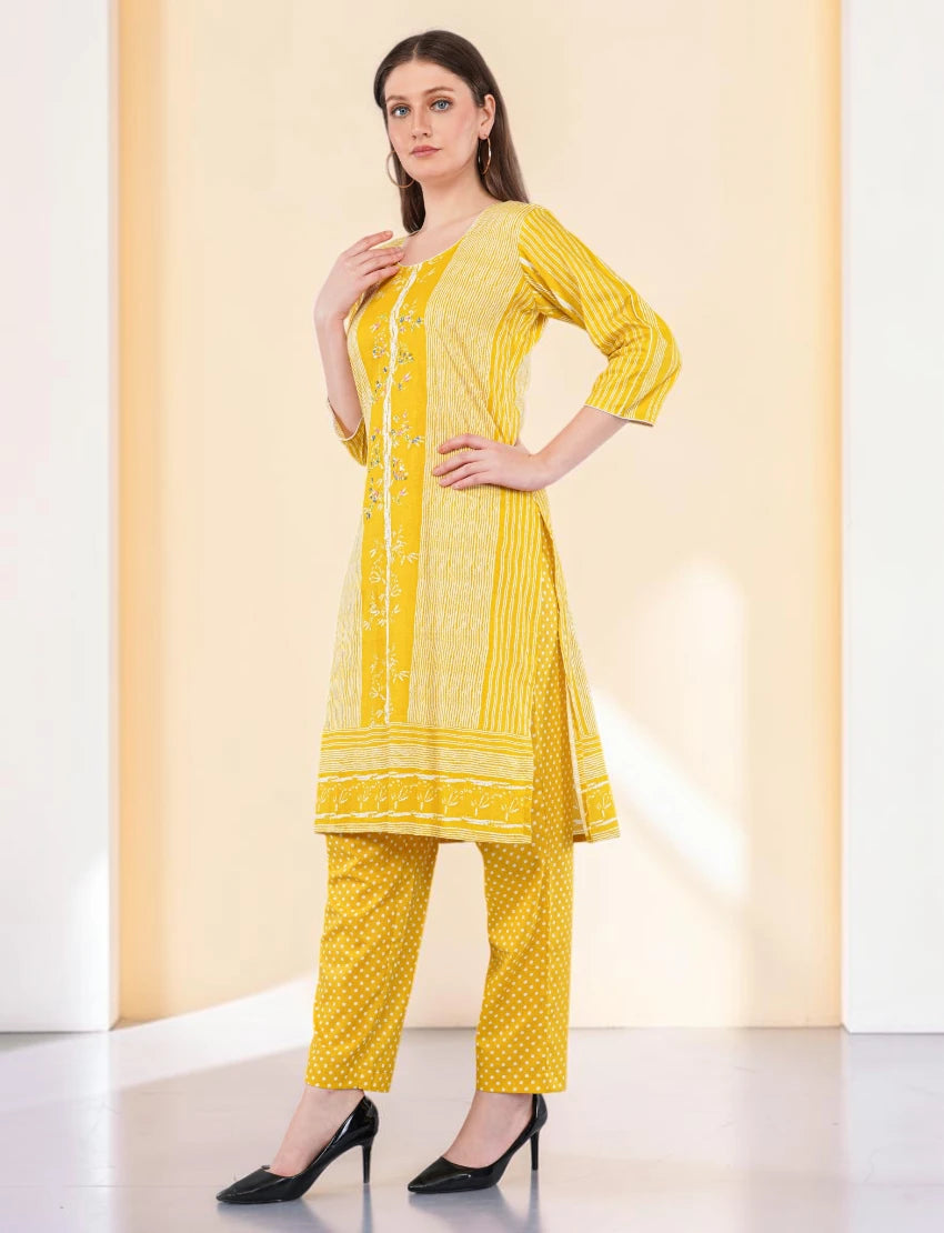 Cotton Salwar Suit with Floral Dupatta, Yellow Printed Dress Set, Indian Ethnic Wear