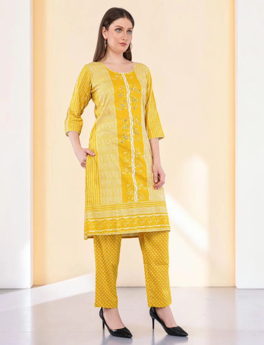 Cotton Salwar Suit with Floral Dupatta, Yellow Printed Dress Set, Indian Ethnic Wear