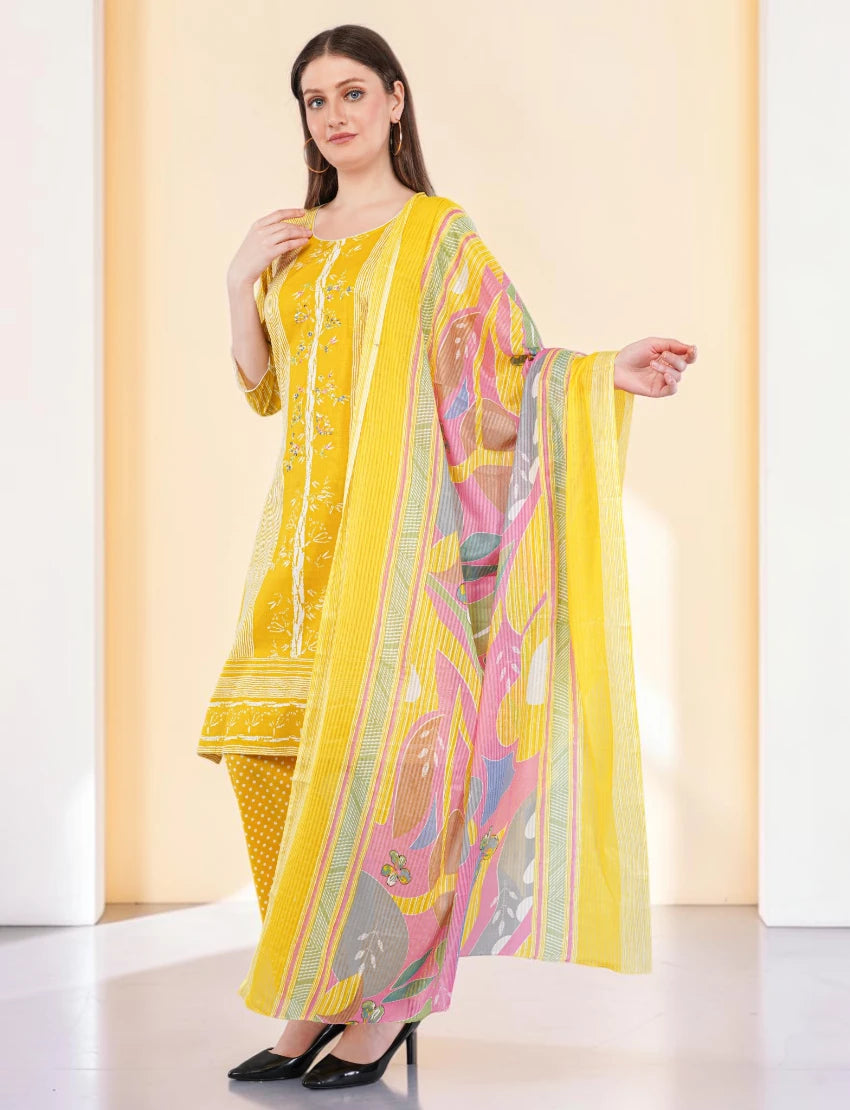 Cotton Salwar Suit with Floral Dupatta, Yellow Printed Dress Set, Indian Ethnic Wear