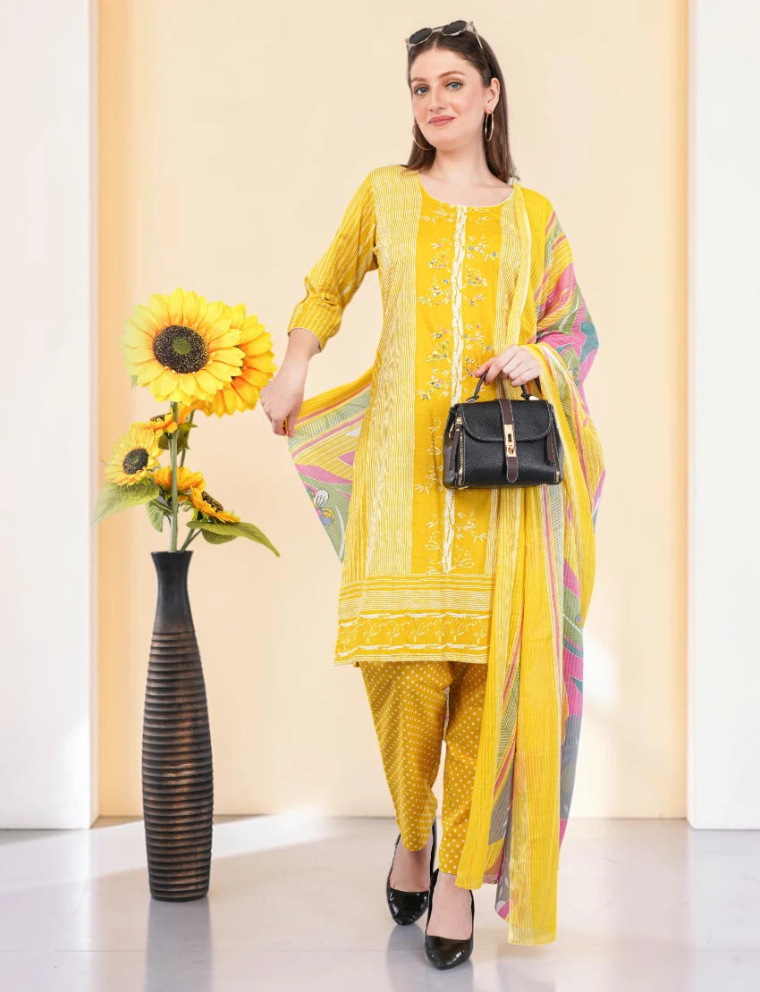 Cotton Salwar Suit with Floral Dupatta, Yellow Printed Dress Set, Indian Ethnic Wear