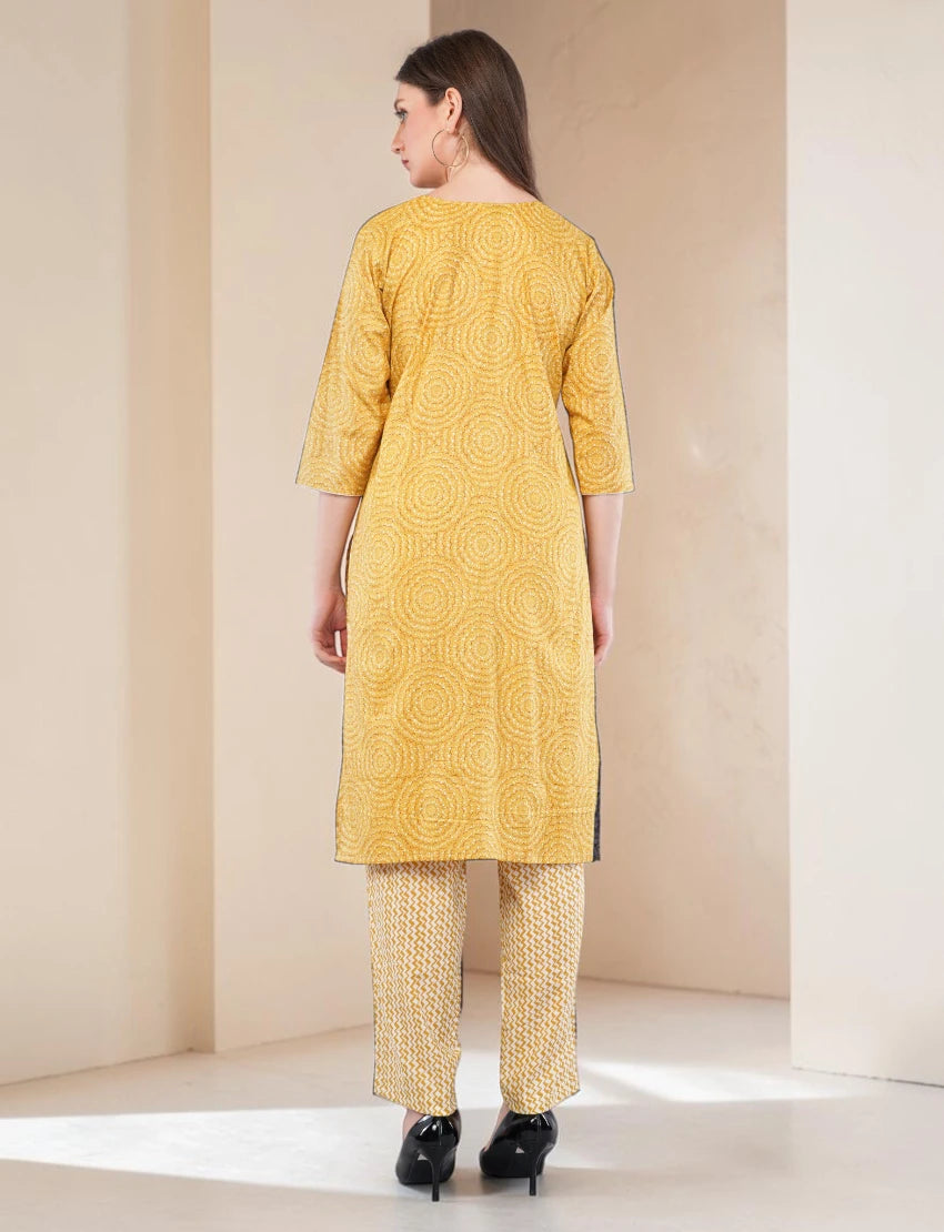Traditional Cotton Salwar Kameez with Dupatta, Yellow Printed, 3-Piece Ethnic Set