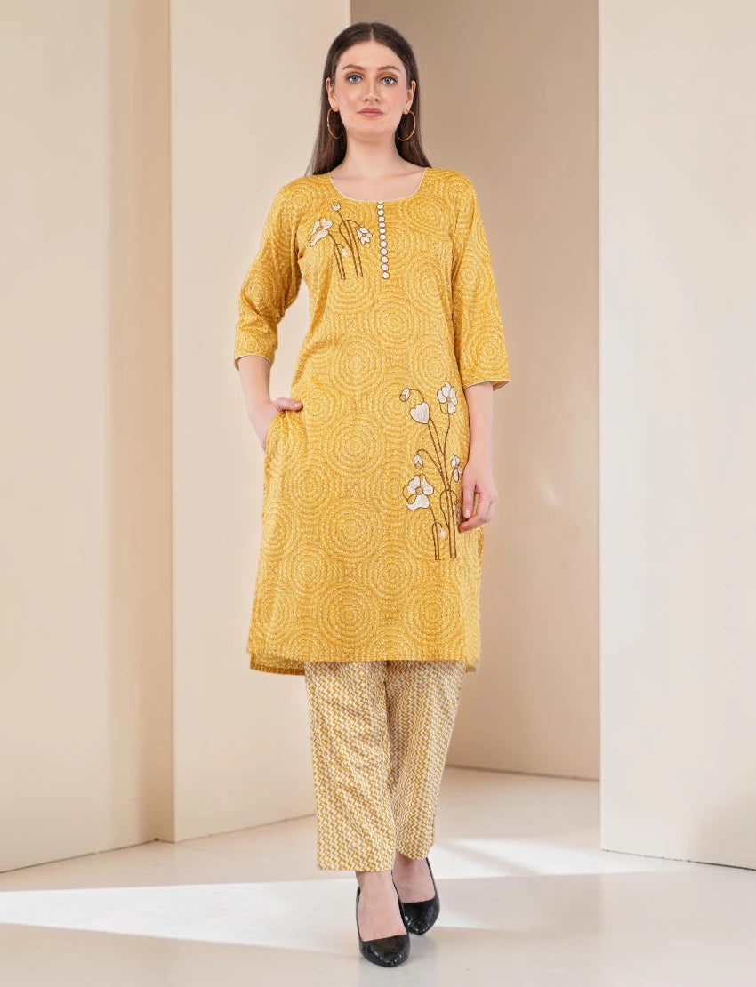 Traditional Cotton Salwar Kameez with Dupatta, Yellow Printed, 3-Piece Ethnic Set