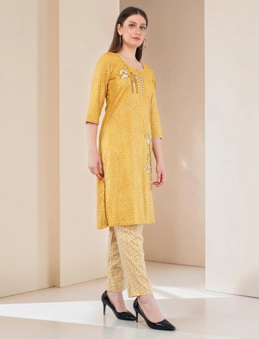 Traditional Cotton Salwar Kameez with Dupatta, Yellow Printed, 3-Piece Ethnic Set