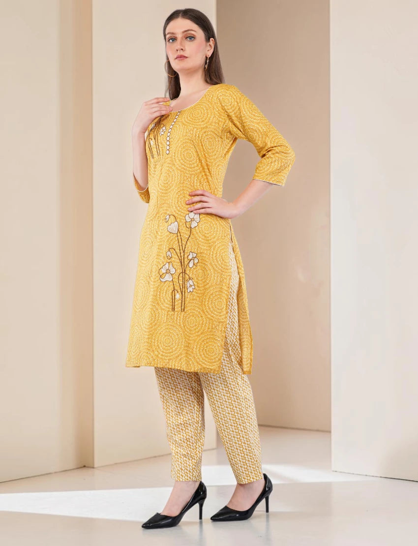 Traditional Cotton Salwar Kameez with Dupatta, Yellow Printed, 3-Piece Ethnic Set