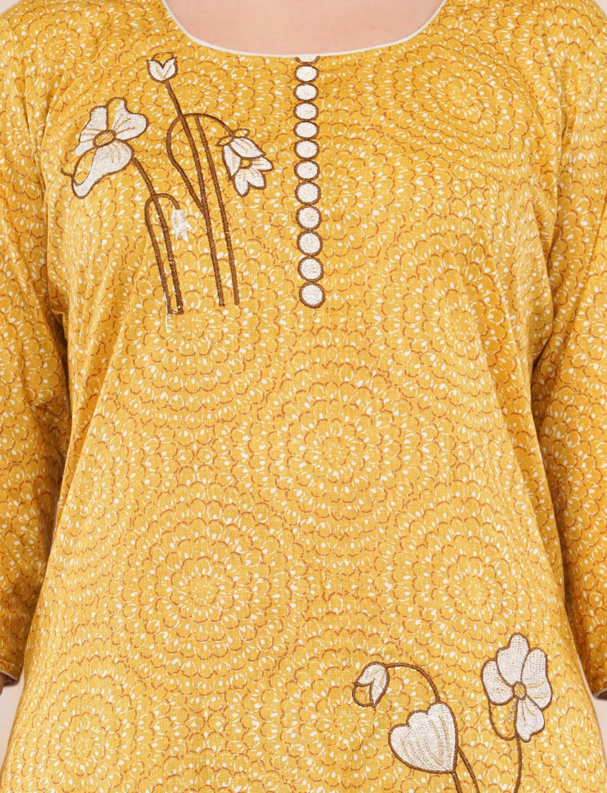 Traditional Cotton Salwar Kameez with Dupatta, Yellow Printed, 3-Piece Ethnic Set