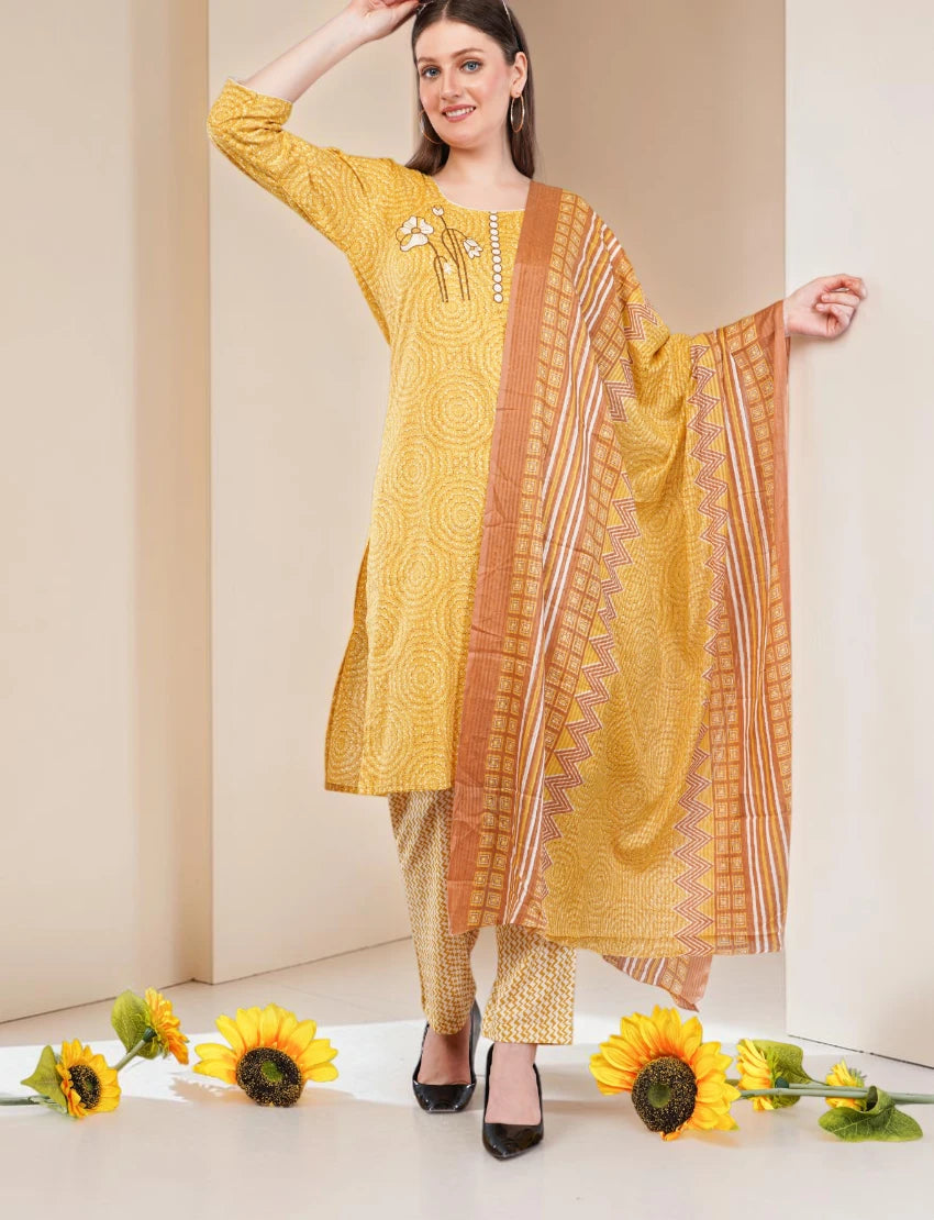 Traditional Cotton Salwar Kameez with Dupatta, Yellow Printed, 3-Piece Ethnic Set