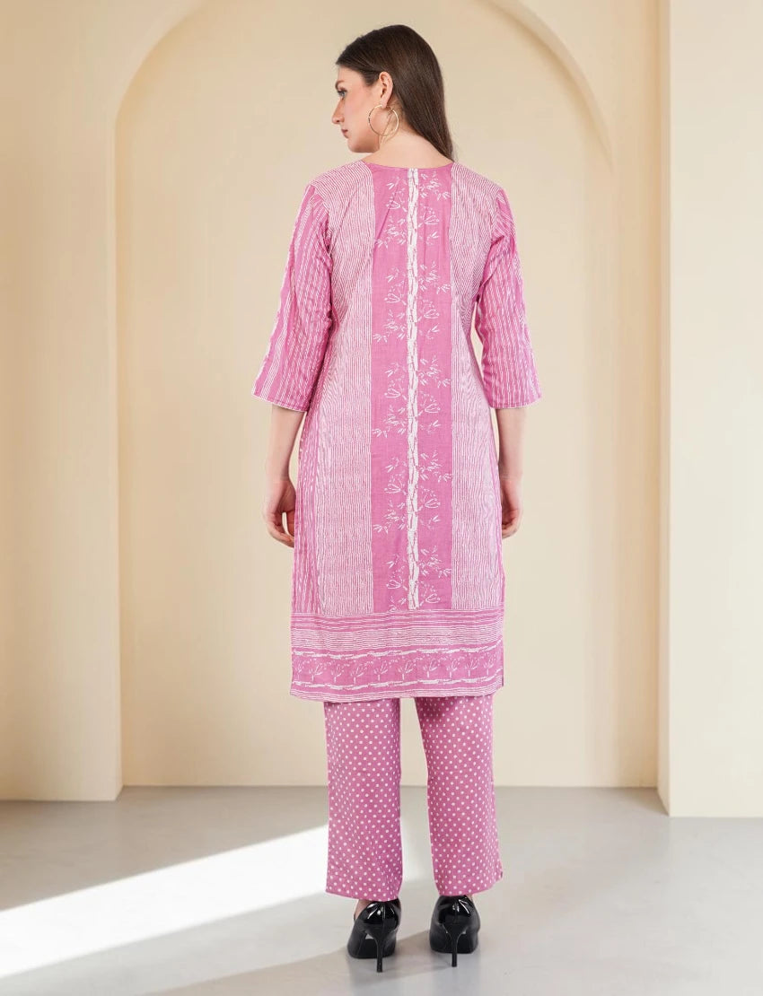 Cotton Salwar Kameez Set, Pink Printed Kurta with Polka Dot Pants