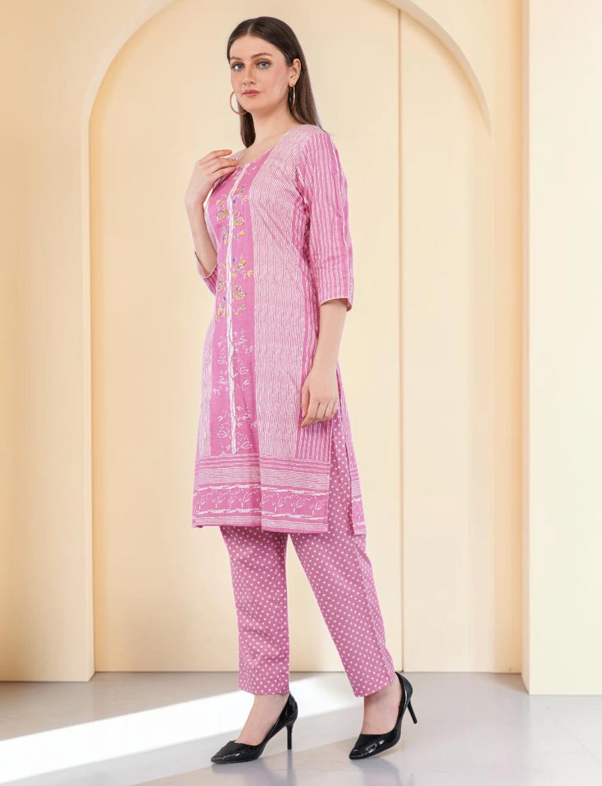 Cotton Salwar Kameez Set, Pink Printed Kurta with Polka Dot Pants