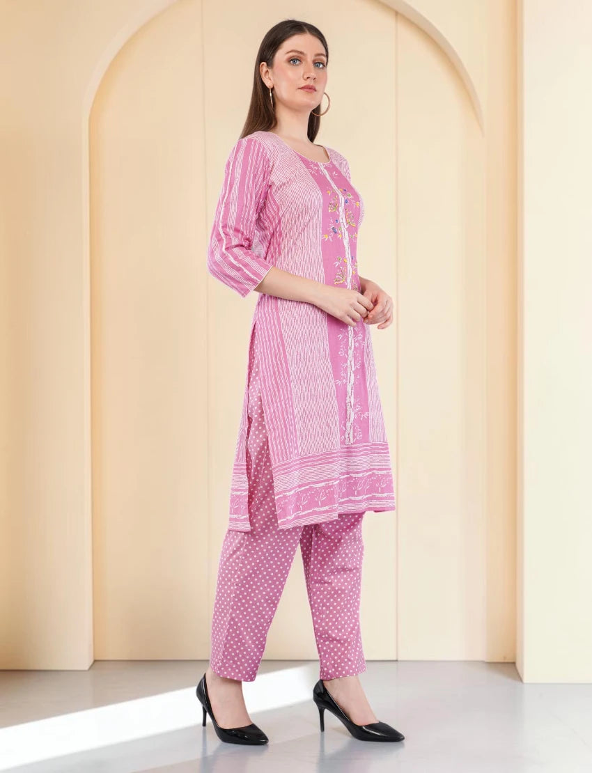 Cotton Salwar Kameez Set, Pink Printed Kurta with Polka Dot Pants