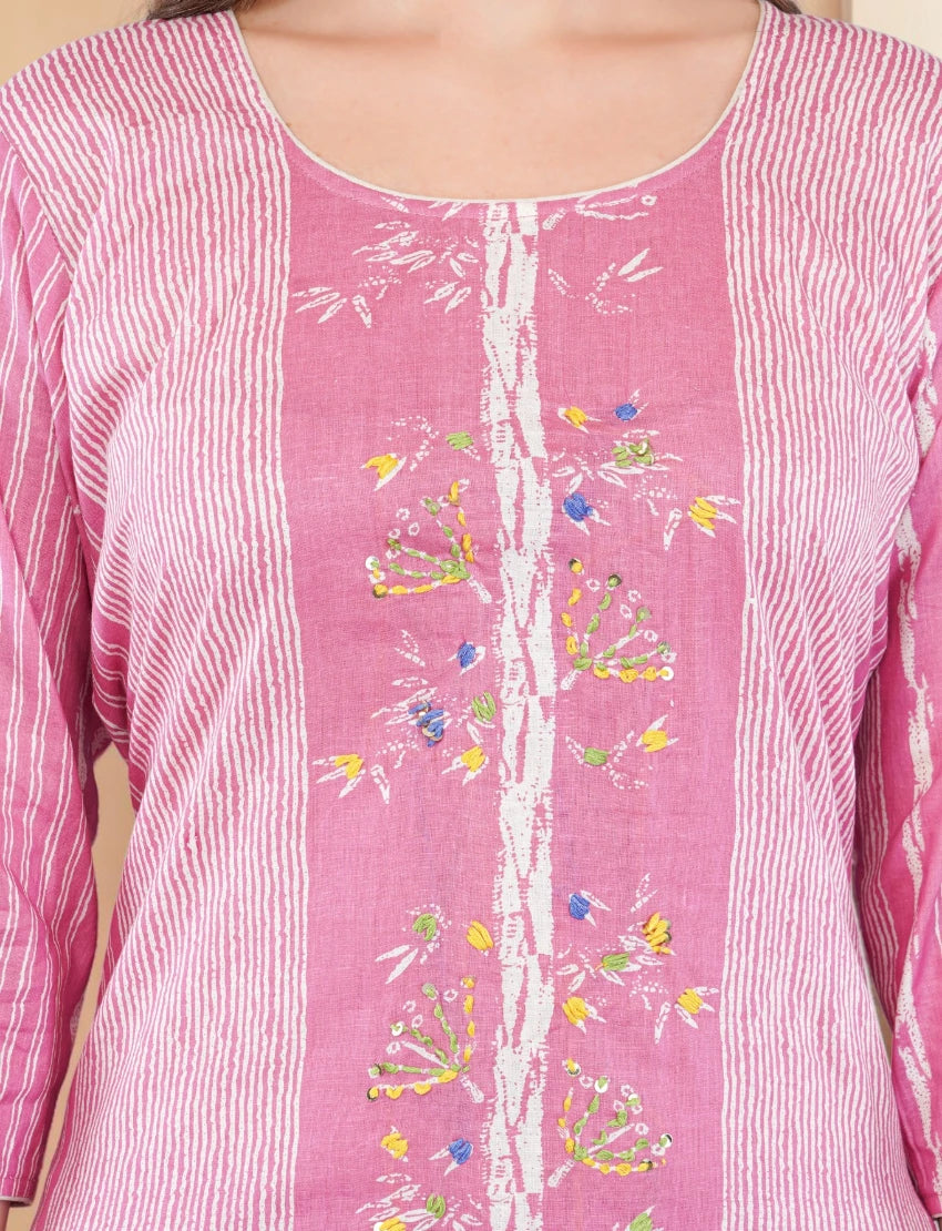 Cotton Salwar Kameez Set, Pink Printed Kurta with Polka Dot Pants