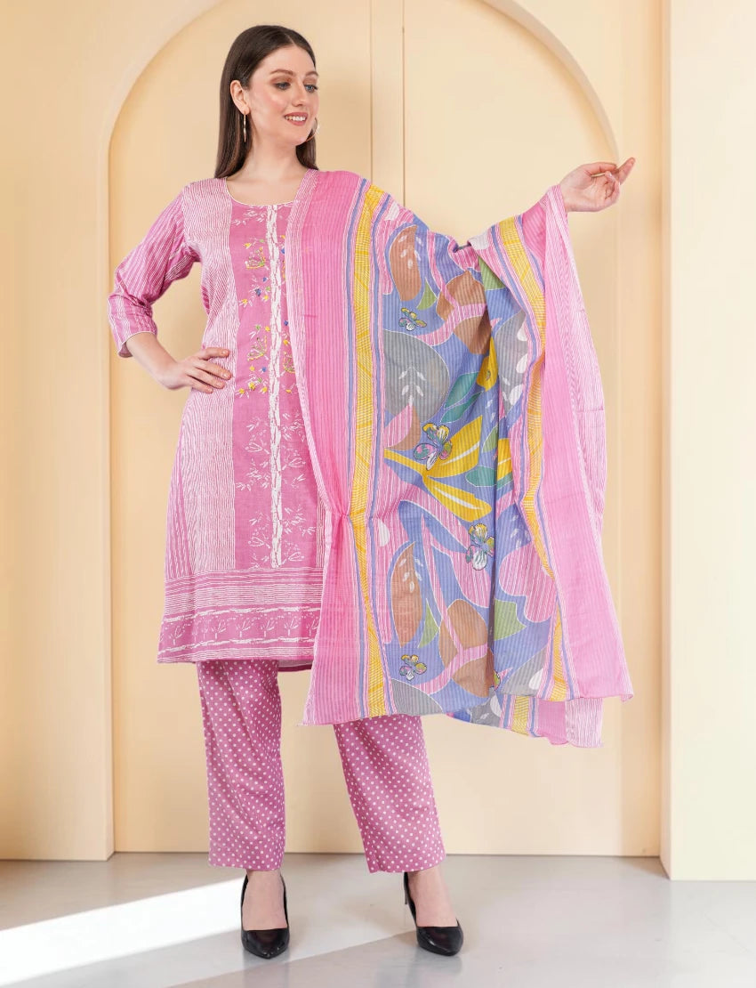 Cotton Salwar Kameez Set, Pink Printed Kurta with Polka Dot Pants