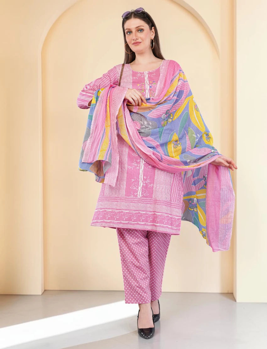 Cotton Salwar Kameez Set, Pink Printed Kurta with Polka Dot Pants