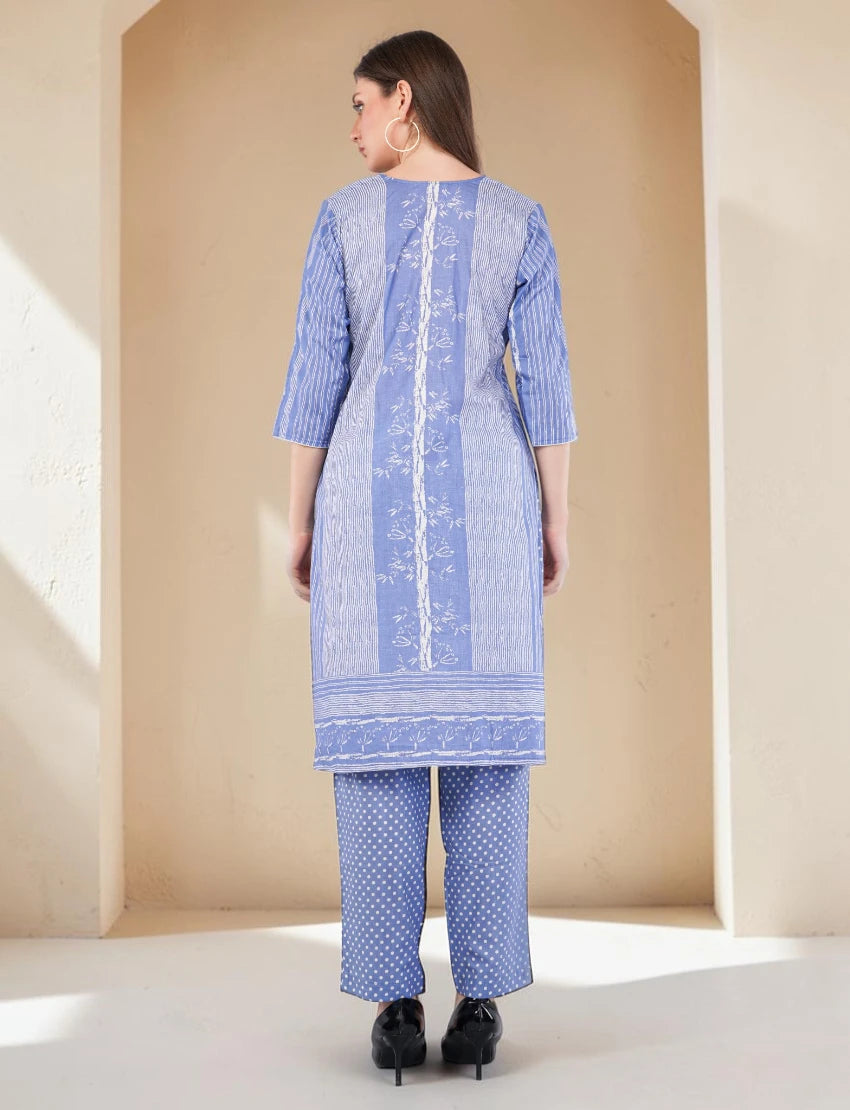 Cotton Salwar Suit Set with Printed Dupatta, Blue Striped Kurta with Polka Dot Pants