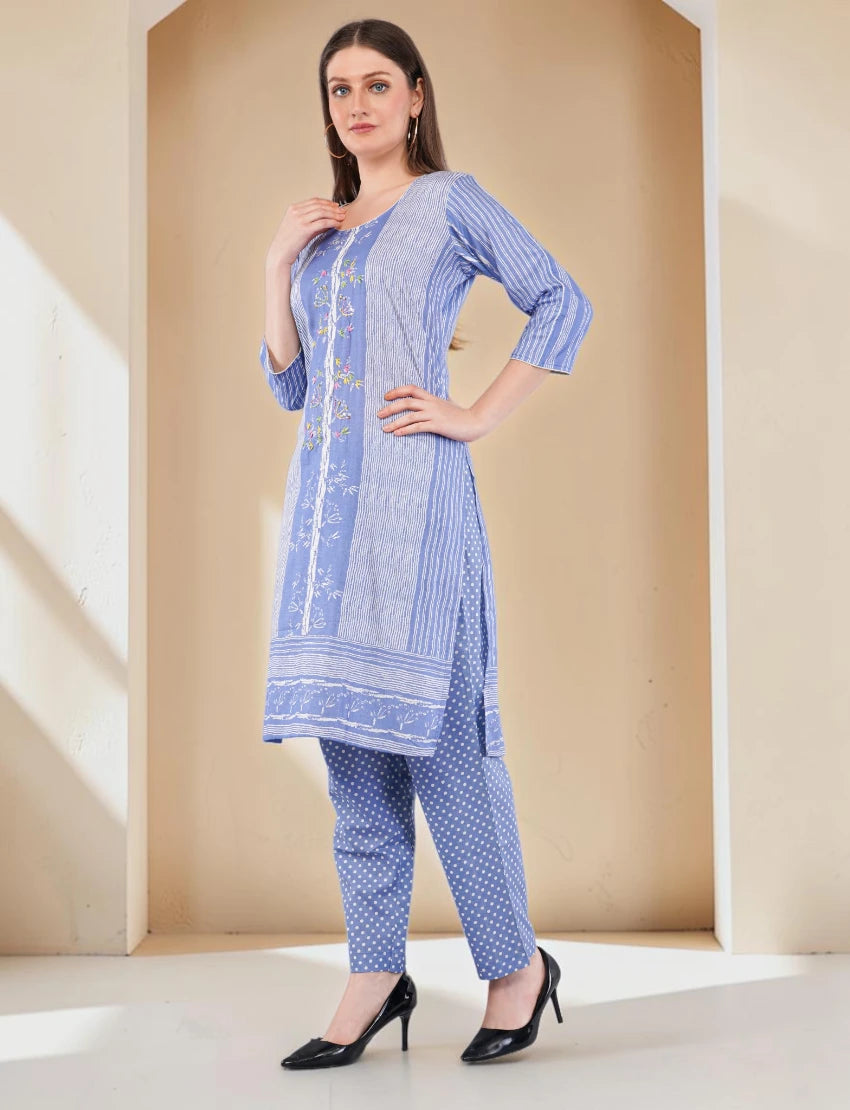 Cotton Salwar Suit Set with Printed Dupatta, Blue Striped Kurta with Polka Dot Pants