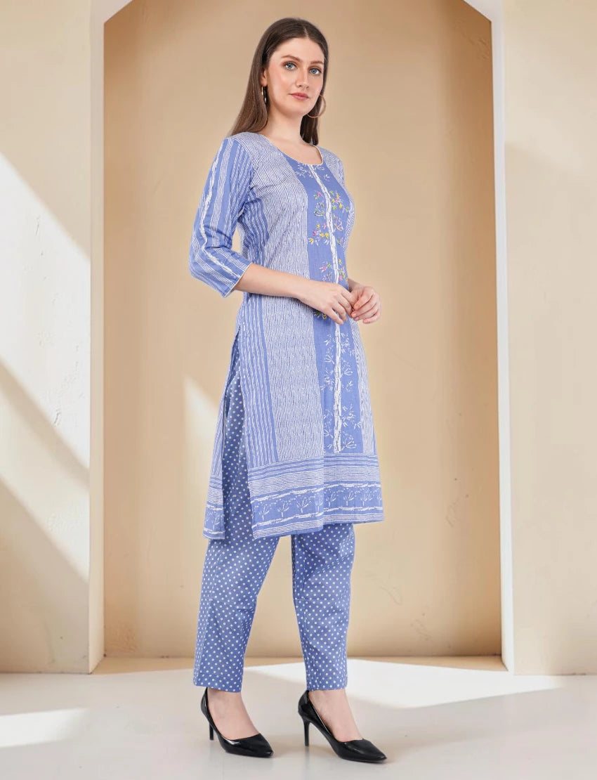 Cotton Salwar Suit Set with Printed Dupatta, Blue Striped Kurta with Polka Dot Pants