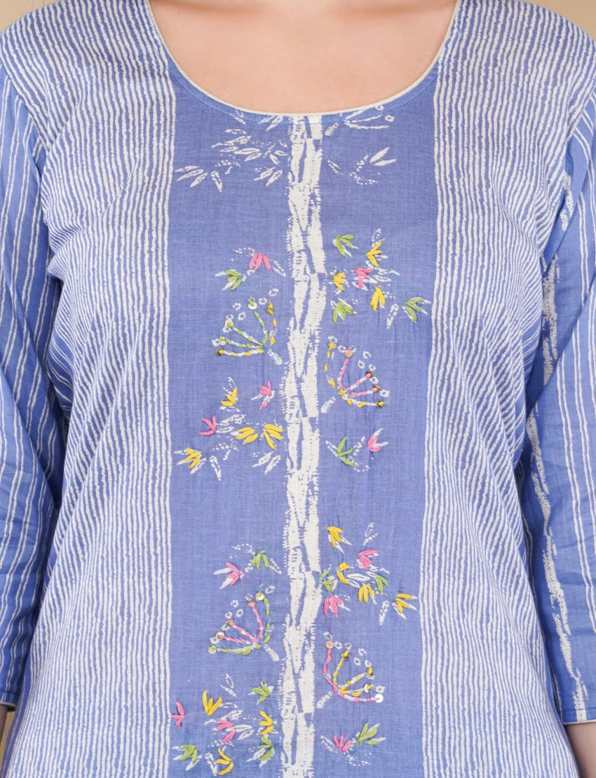 Cotton Salwar Suit Set with Printed Dupatta, Blue Striped Kurta with Polka Dot Pants