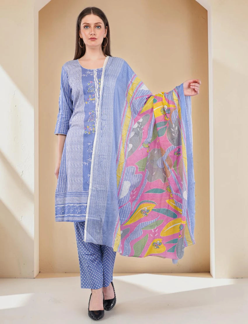 Cotton Salwar Suit Set with Printed Dupatta, Blue Striped Kurta with Polka Dot Pants