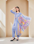 Cotton Salwar Suit Set with Printed Dupatta, Blue Striped Kurta with Polka Dot Pants