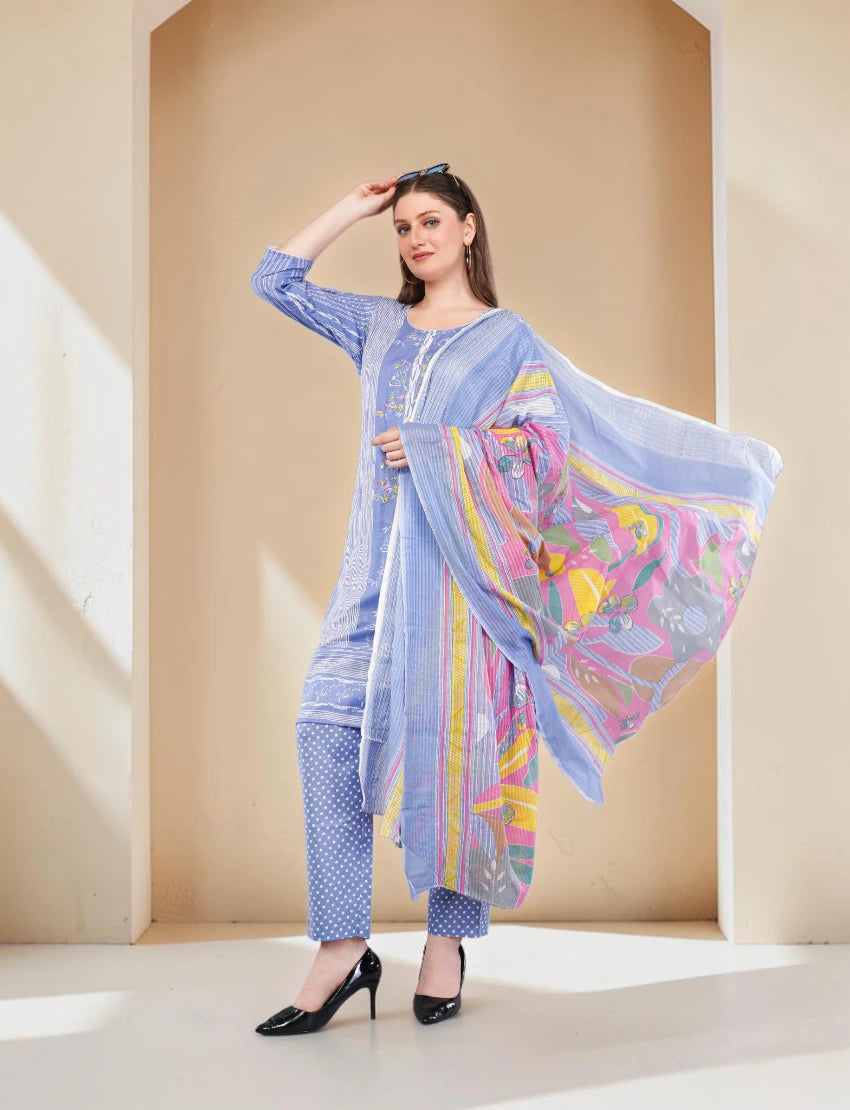Cotton Salwar Suit Set with Printed Dupatta, Blue Striped Kurta with Polka Dot Pants