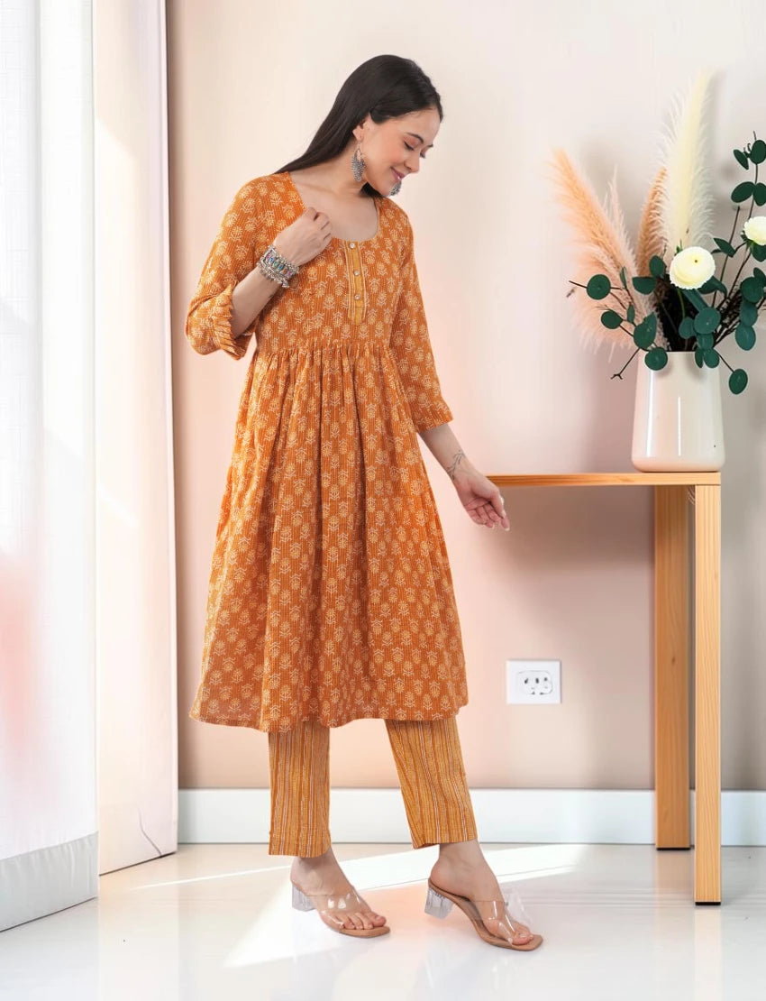 Yellow Cotton Anarkali Salwar Suit Set