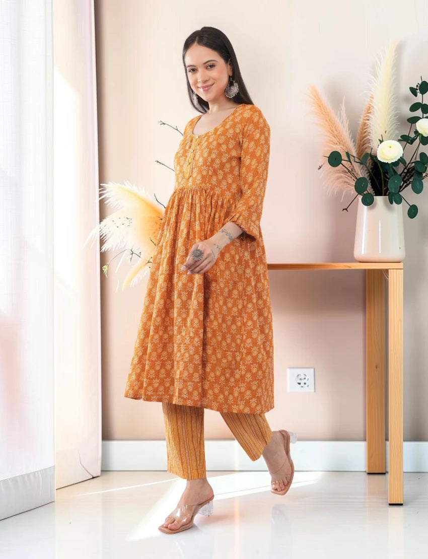 Yellow Cotton Anarkali Salwar Suit Set