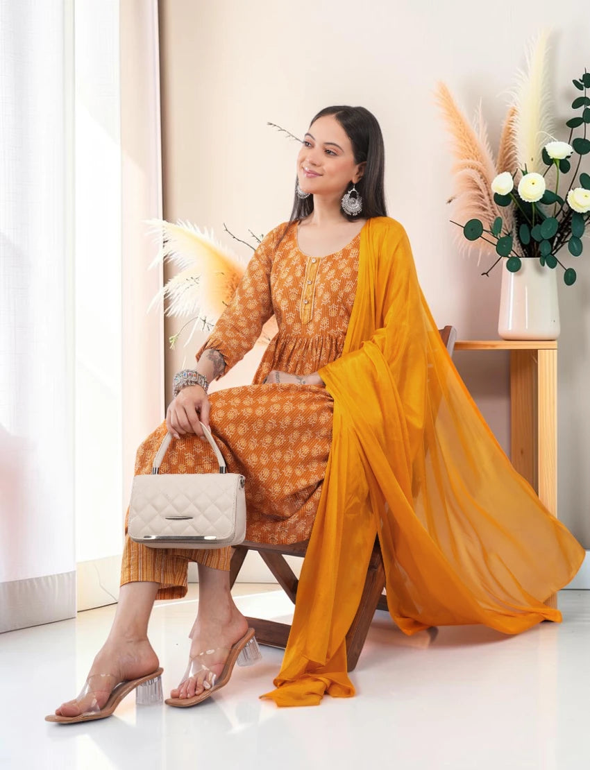 Yellow Cotton Anarkali Salwar Suit Set