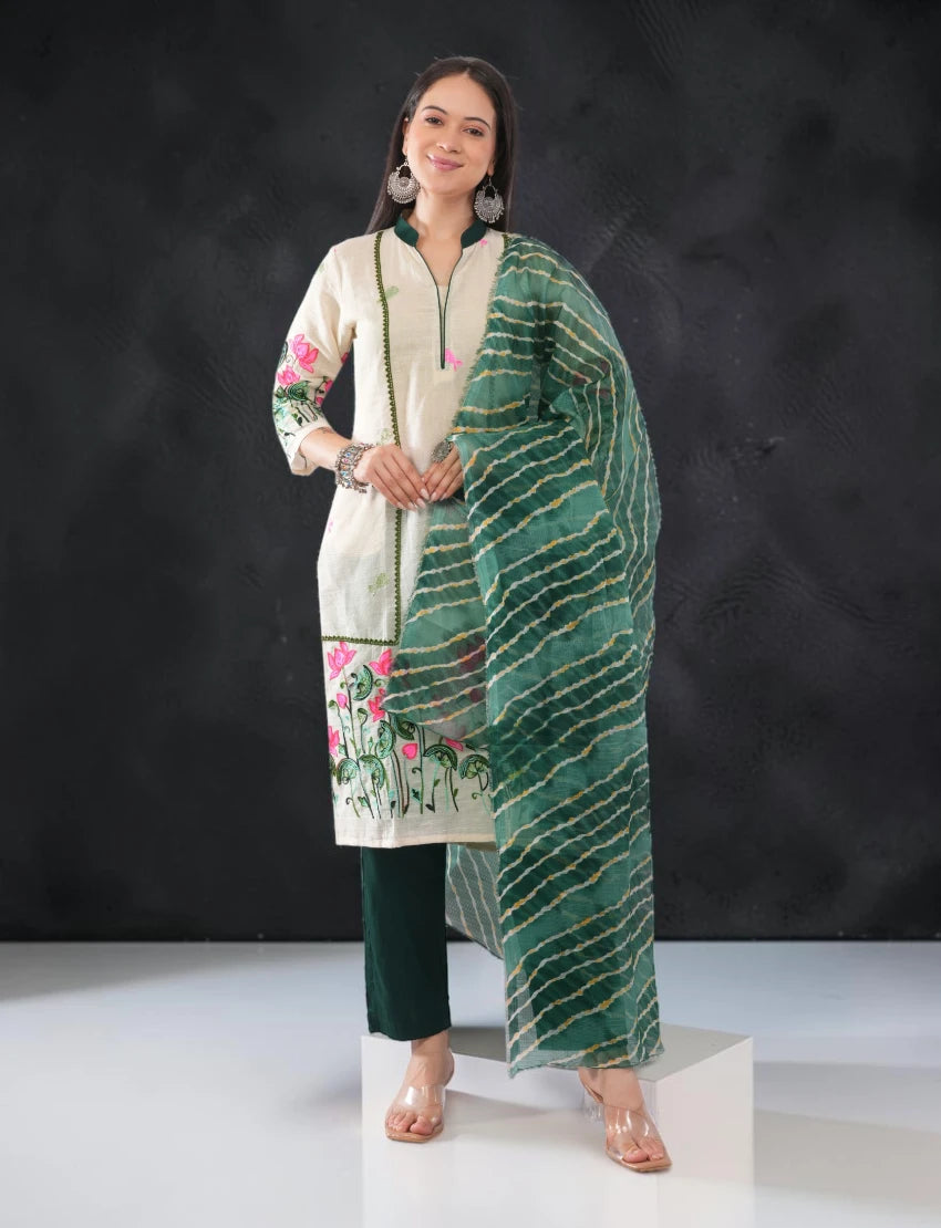 Off White Embroidered Cotton Salwar Suit Set