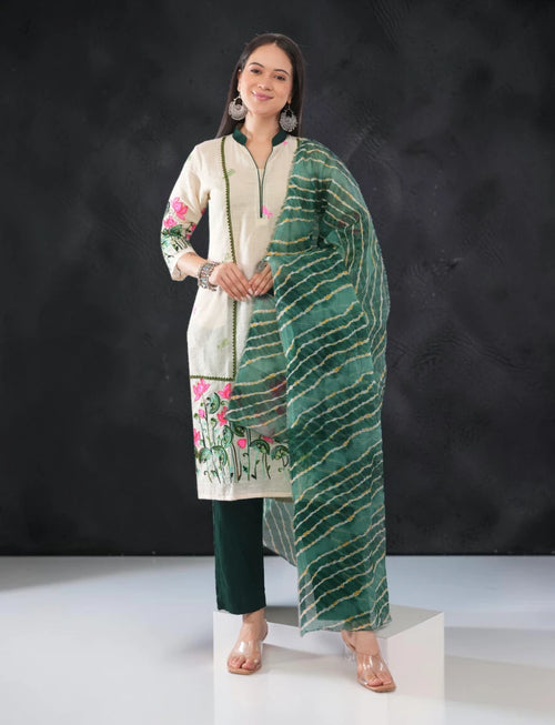 Off White Embroidered Cotton Salwar Suit Set