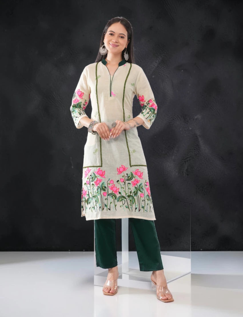 Off White Embroidered Cotton Salwar Suit Set