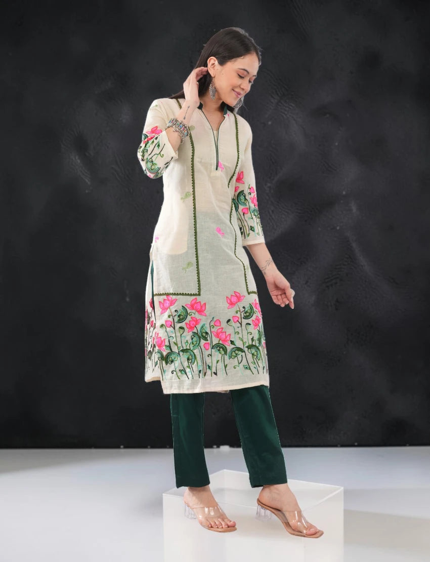 Off White Embroidered Cotton Salwar Suit Set