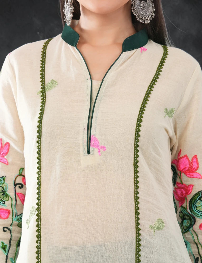 Off White Embroidered Cotton Salwar Suit Set