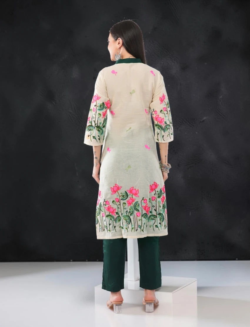 Off White Embroidered Cotton Salwar Suit Set