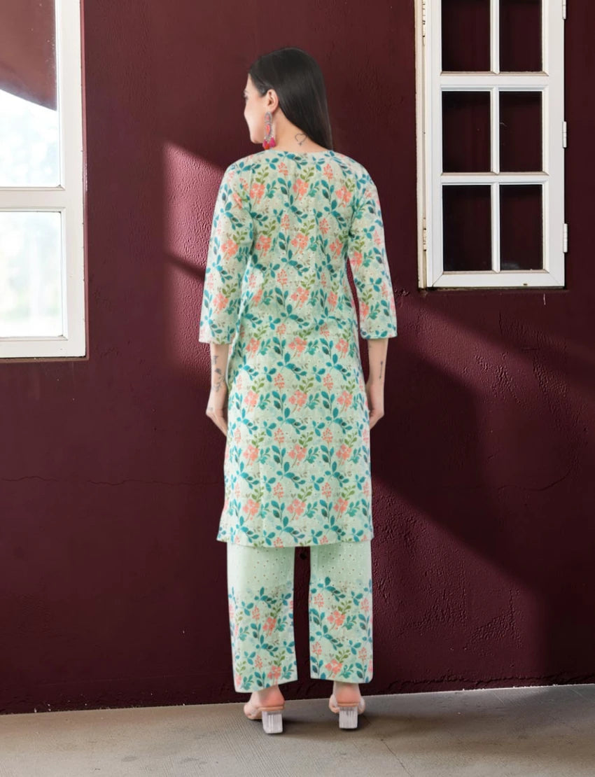 Green Cotton Chikankari Salwar Suit Set