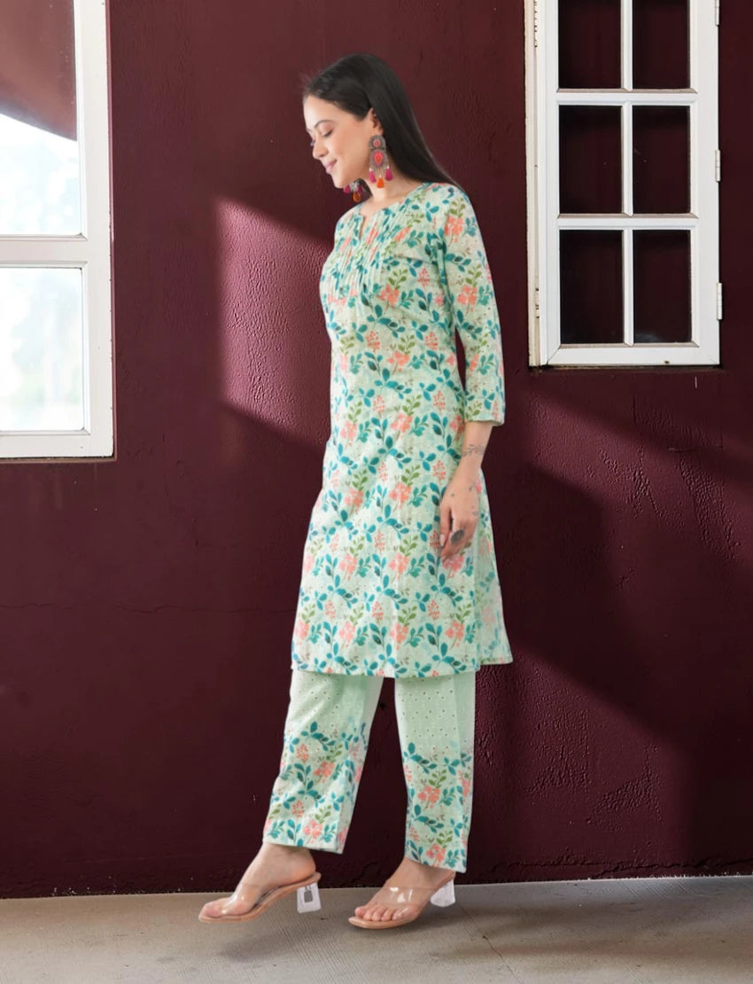 Green Cotton Chikankari Salwar Suit Set