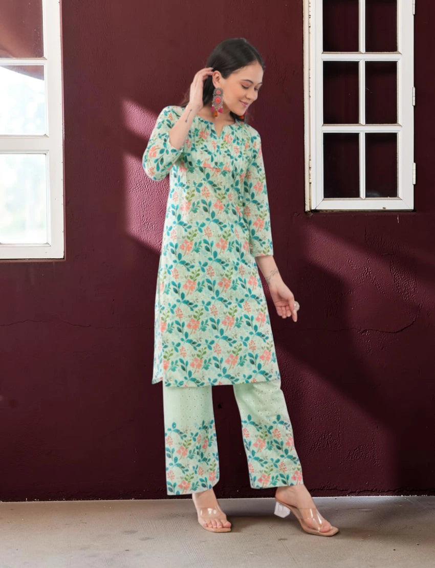 Green Cotton Chikankari Salwar Suit Set