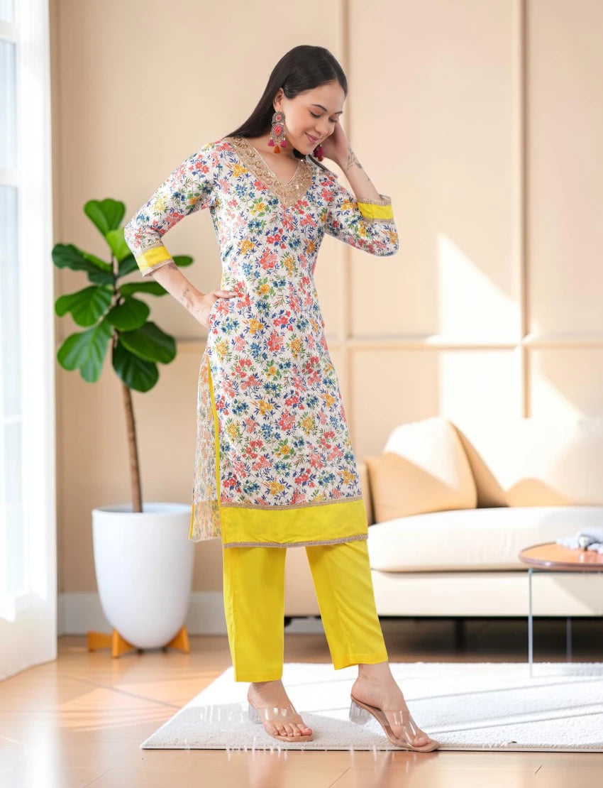 Kurta with Floral Print and Dupatta Set