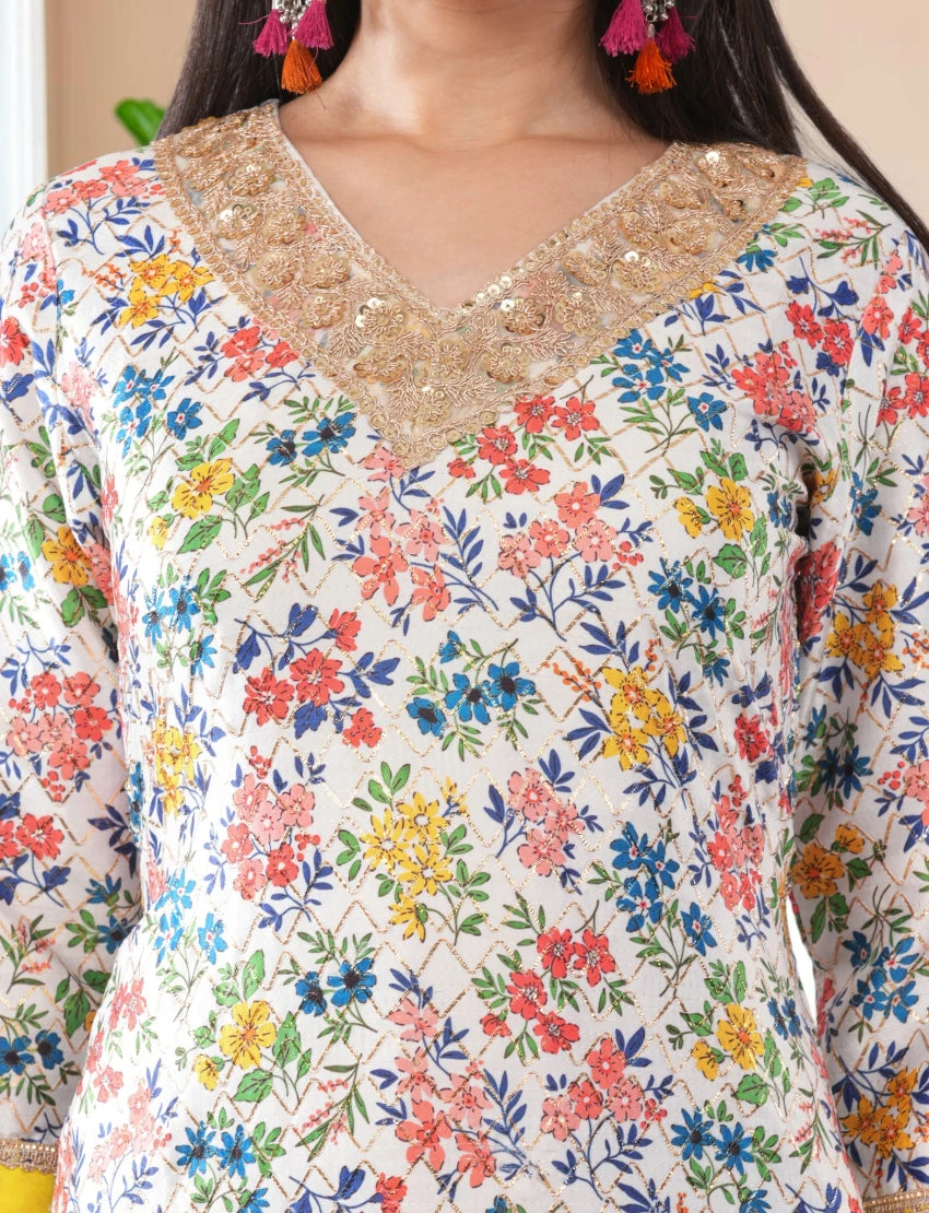 Kurta with Floral Print and Dupatta Set