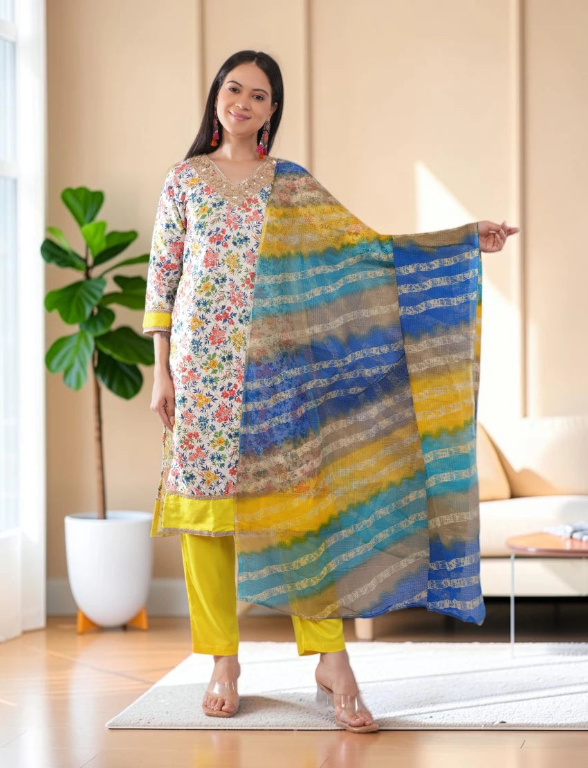 Kurta with Floral Print and Dupatta Set