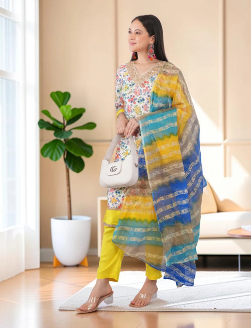 Kurta with Floral Print and Dupatta Set