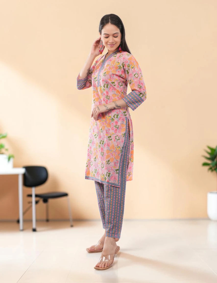 Women's Pink Cotton Floral Salwar Suit Set
