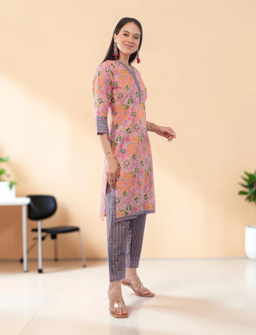 Women's Pink Cotton Floral Salwar Suit Set