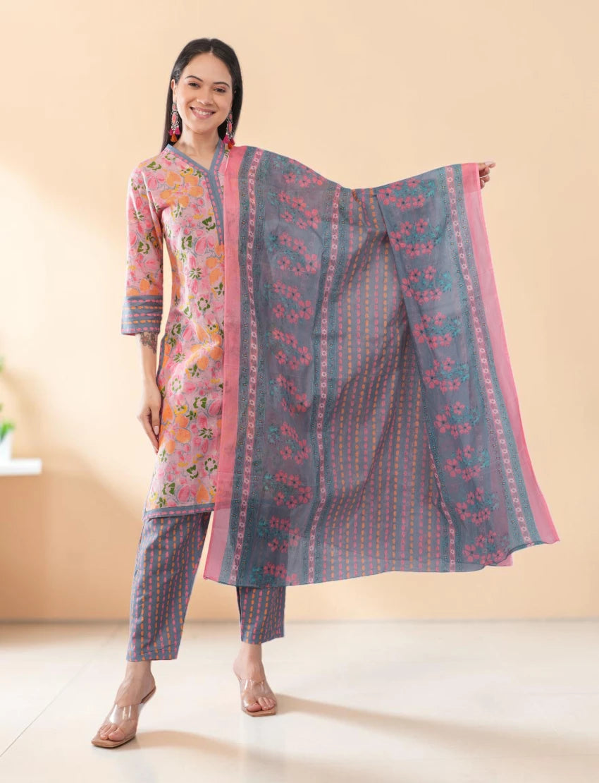 Women's Pink Cotton Floral Salwar Suit Set