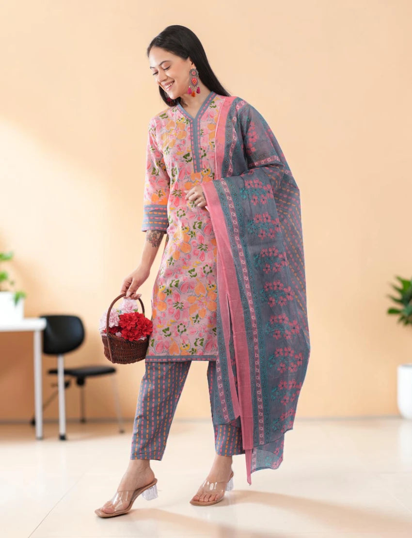 Women's Pink Cotton Floral Salwar Suit Set