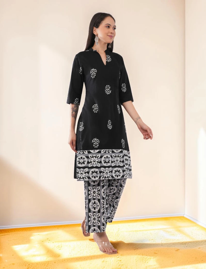 Women's Black Cotton Kurta Set