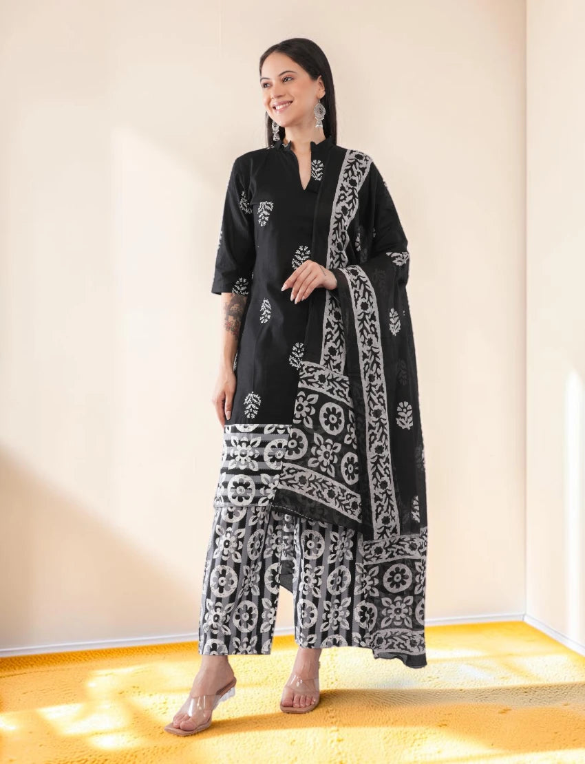 Women's Black Cotton Kurta Set