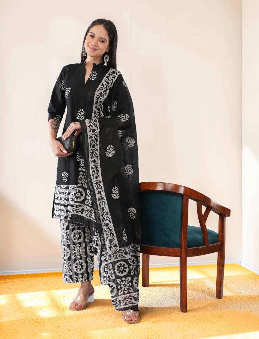 Women's Black Cotton Kurta Set
