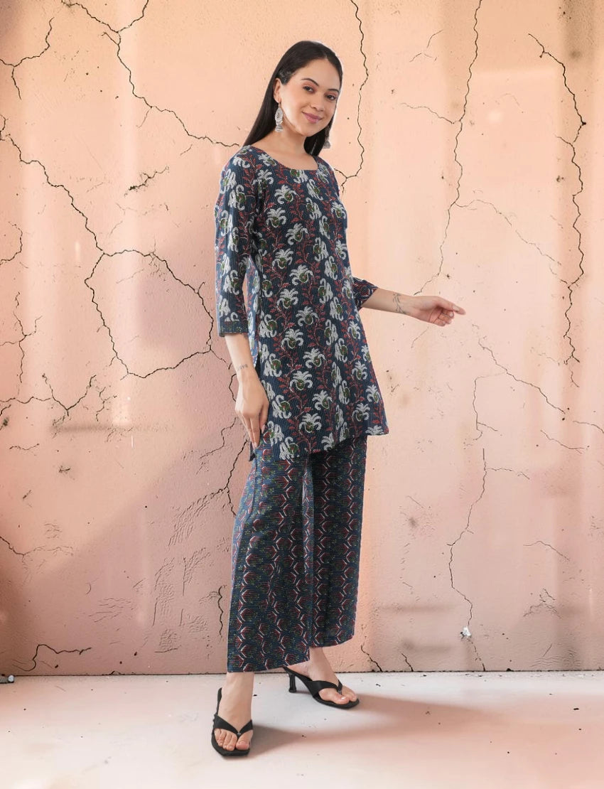 Women's Multicolor Cotton Floral Print Kurta Trouser Set