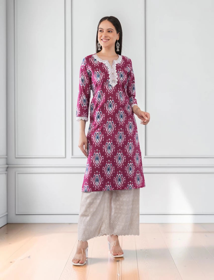 Pink Printed Cotton Kurta for Women