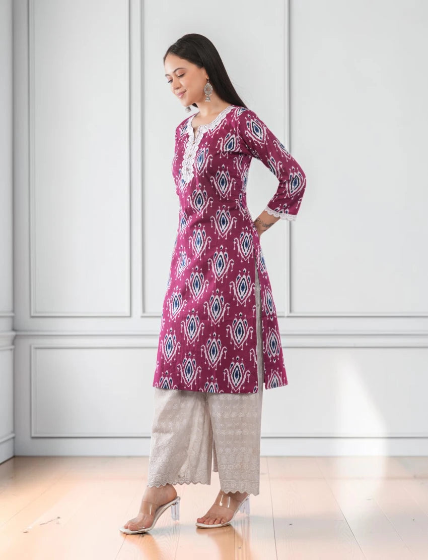 Pink Printed Cotton Kurta for Women