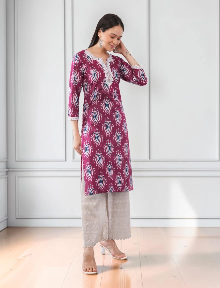 Pink Printed Cotton Kurta for Women
